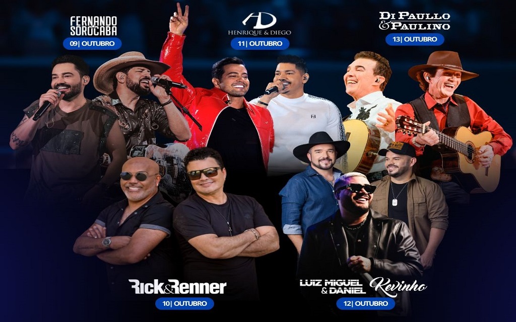 Em 9 de outubro terá Fernando & Sorocaba; no dia 10 a dupla Rick & Renner; dia 11 Henrique & Diego; dia 12 Kevinho; e no dia 13, para fechar o evento, Di Paullo & Paulino e Sonhos e Magia