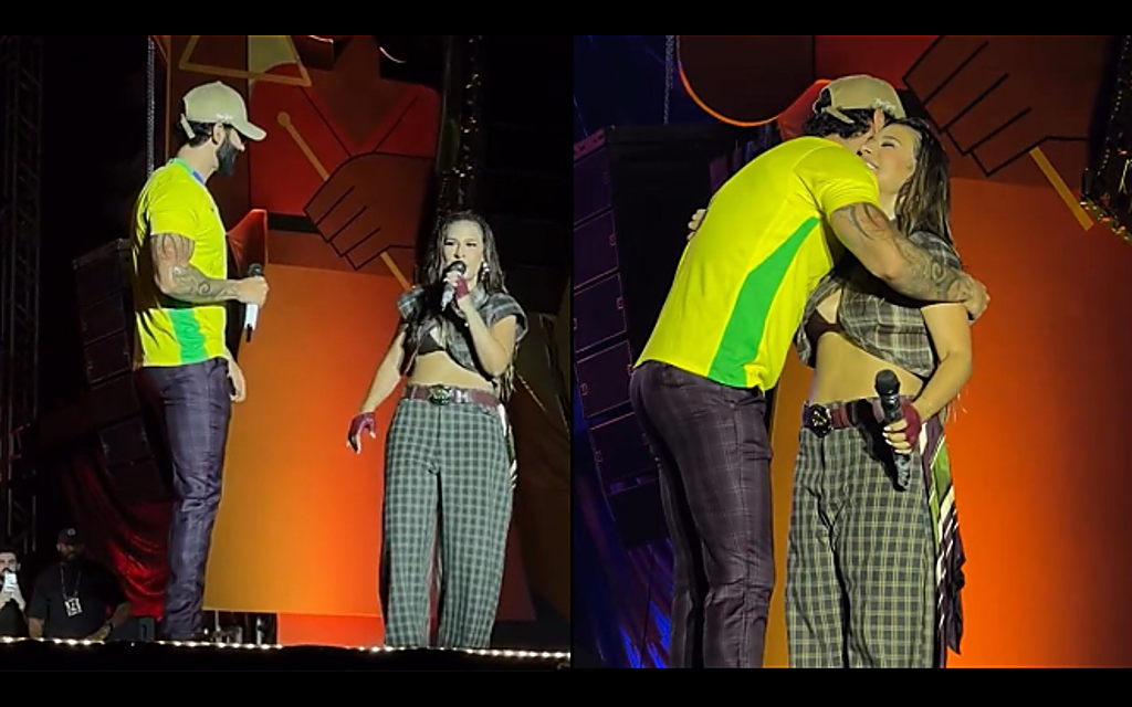 “Você é a maior artista do Brasil”, diz Gusttavo Lima ao surpreender Simone Mendes em show