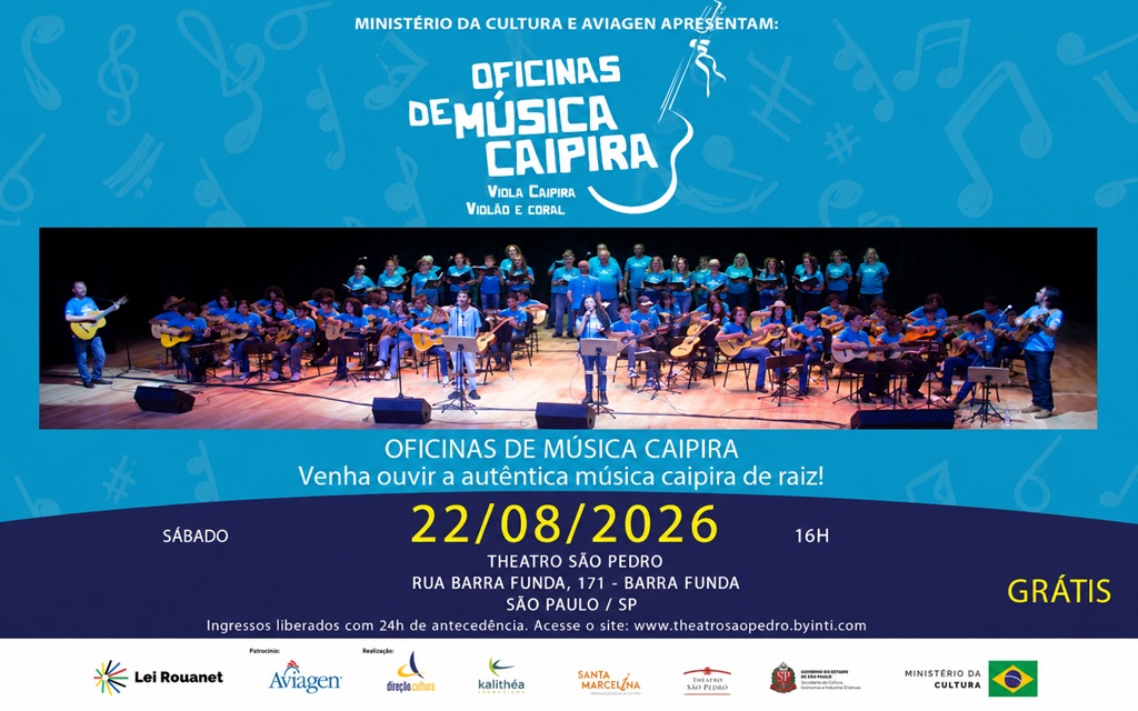 Oficinas de Música Caipira levam clássicos de raiz ao Theatro São Pedro em São Paulo no dia 22 de agosto